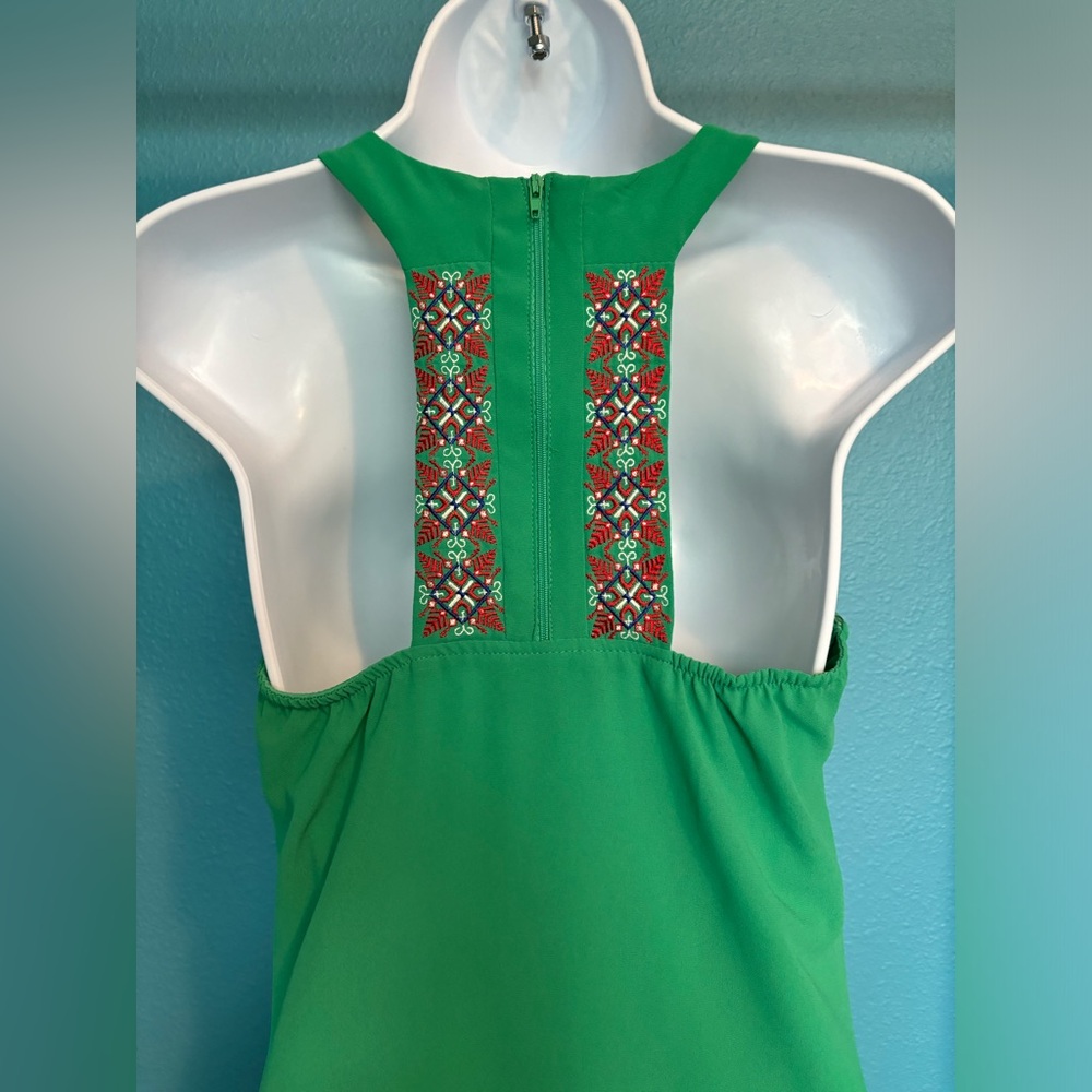 My Michelle green midi dress with pockets in front and beautiful embroidery back